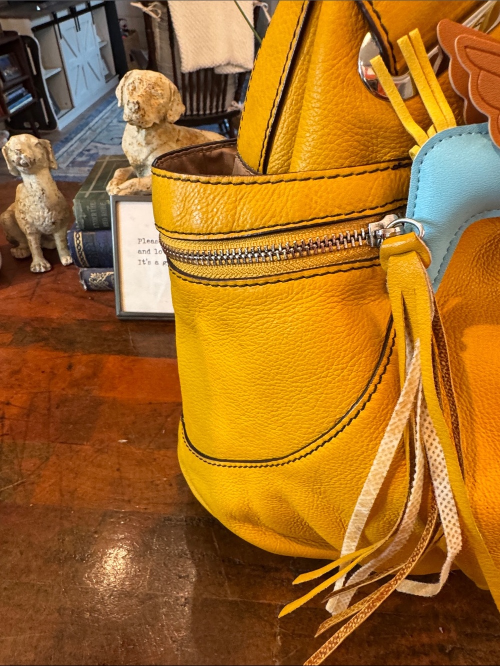 Etienne Aigner Mustard Yellow Pebbled Leather Hobo with Blue Charm - Picture 4 of 13